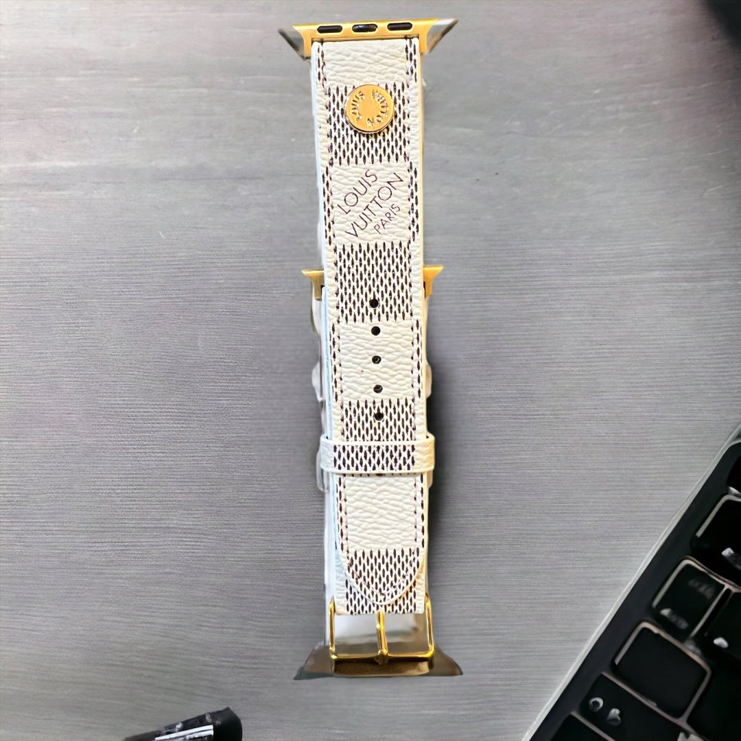 Cream Checkered LV 2.0 Leather Apple Watch Band