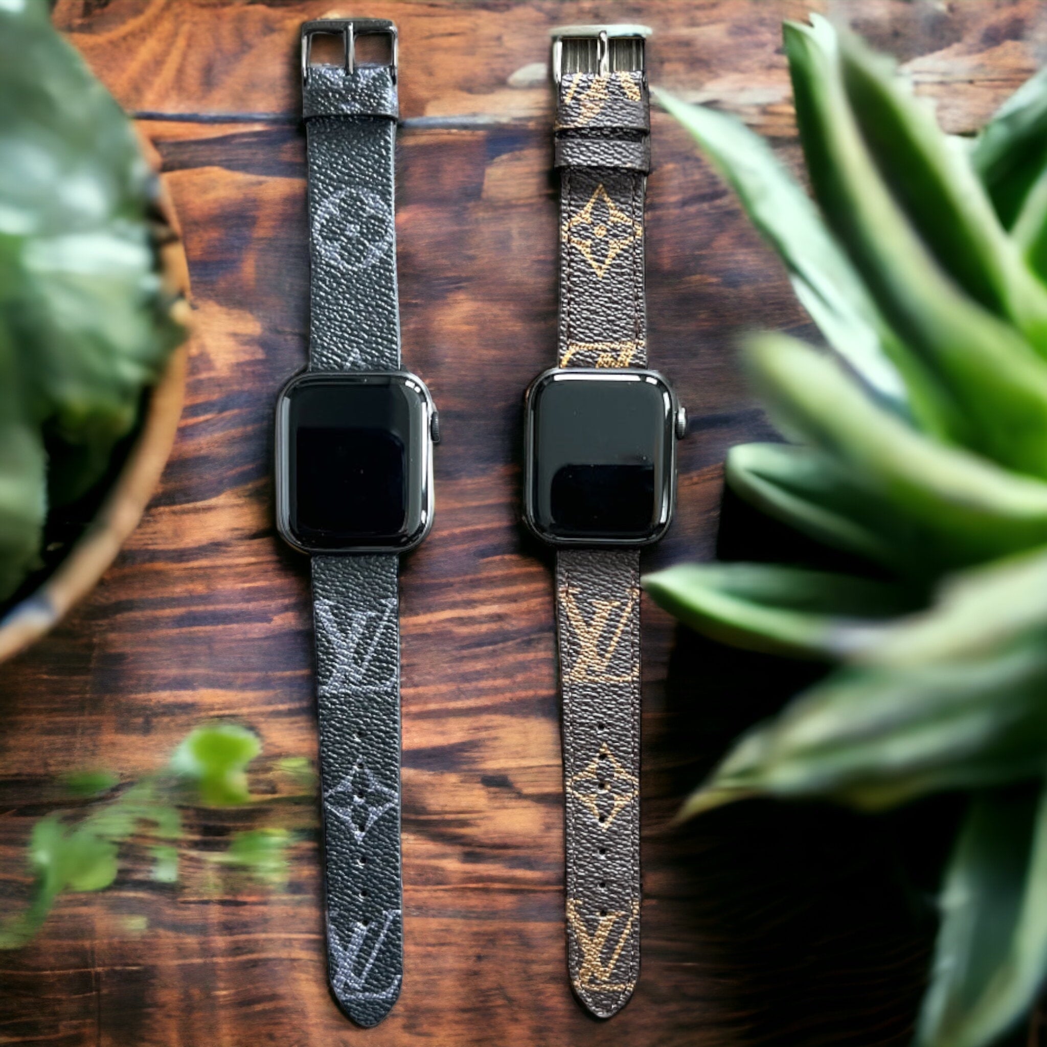 brown lv monogram luxury leather apple watch band