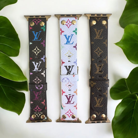 LV Vegan Leather Monogram Apple Watch Band with Gold Hardware