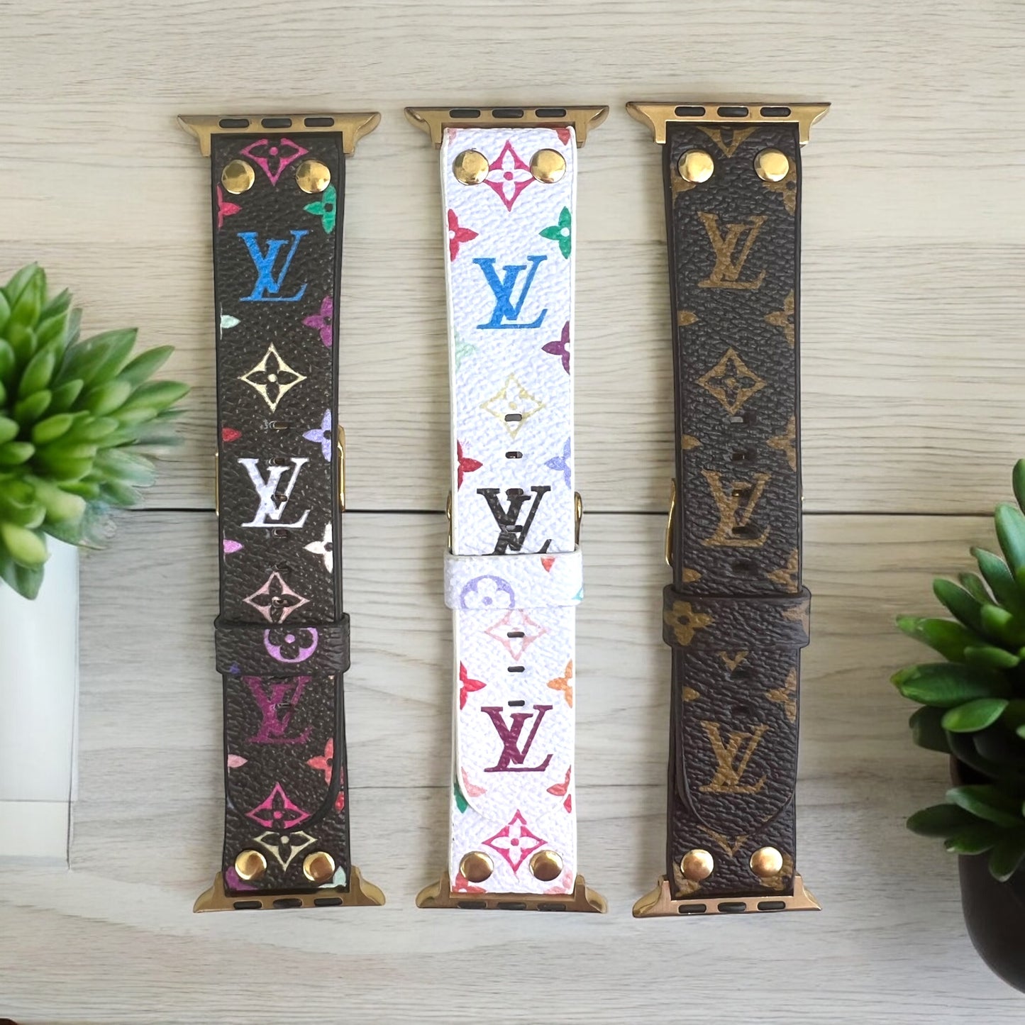 LV Vegan Leather Monogram Apple Watch Band with Gold Hardware