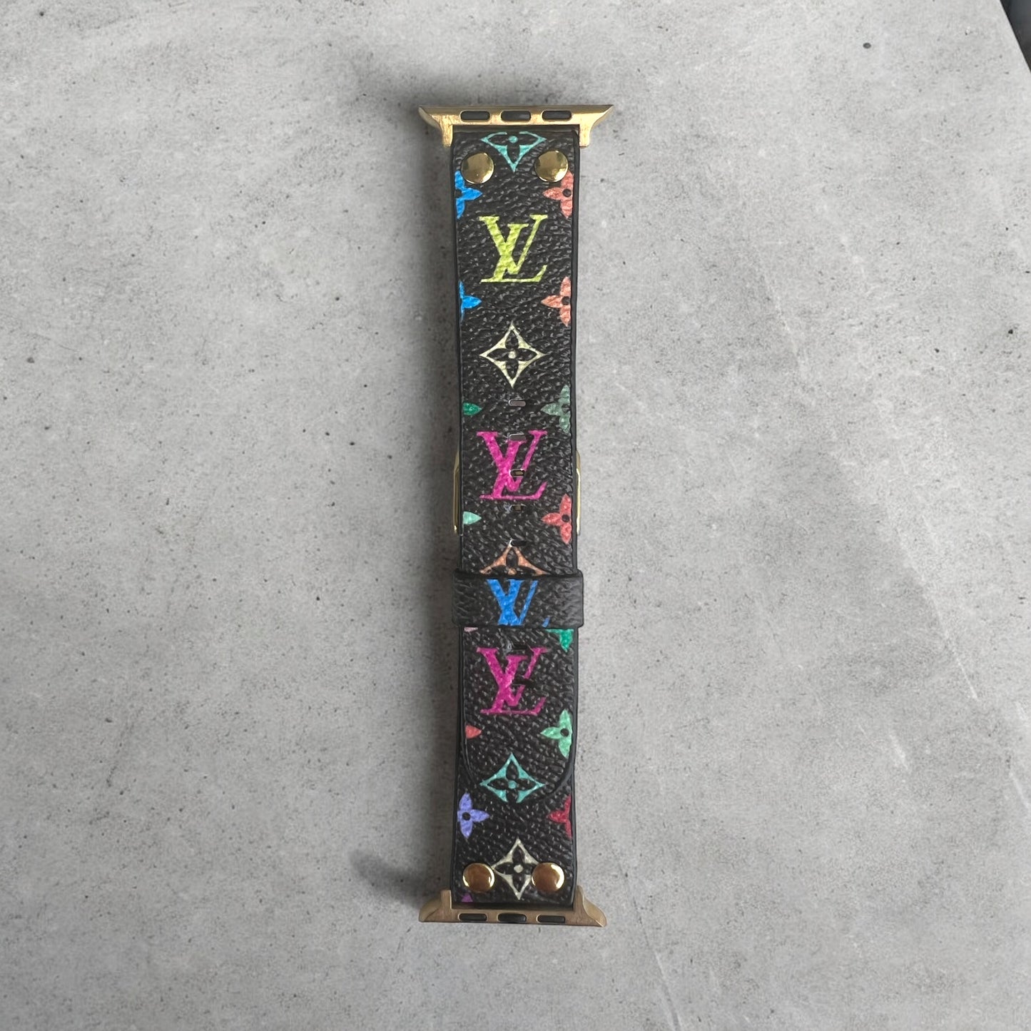 LV Vegan Leather Monogram Apple Watch Band with Gold Hardware