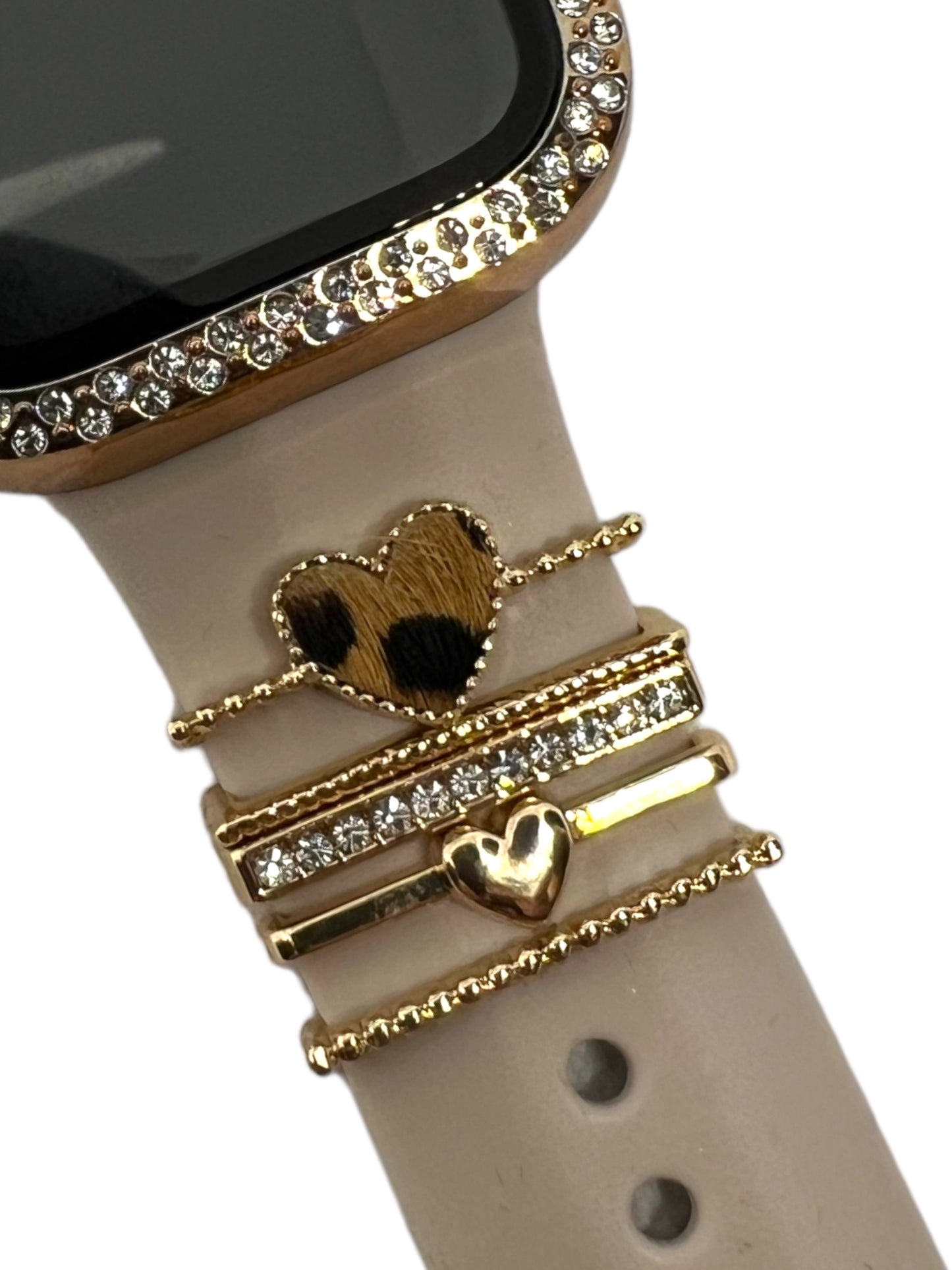 5 Piece Gold Leopard Hearts Watch Charm Set