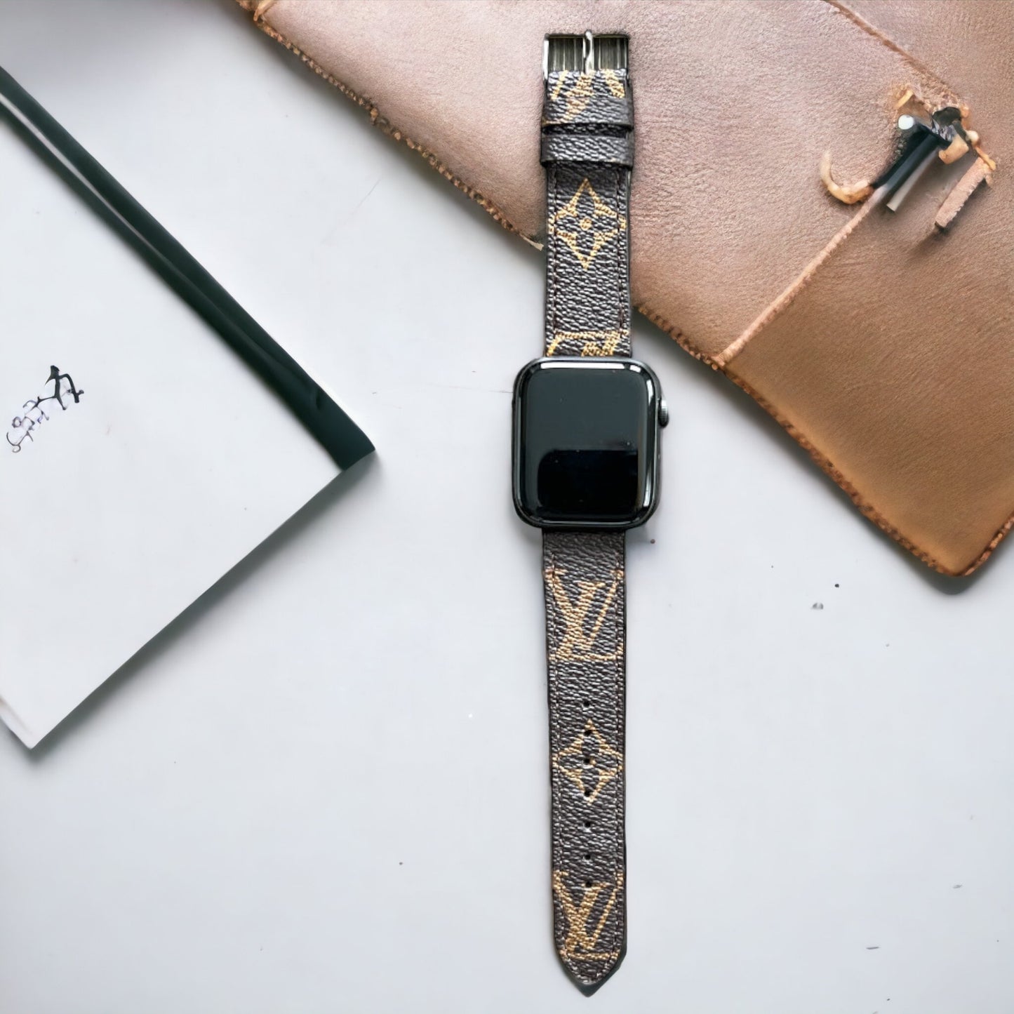 brown lv monogram luxury leather apple watch band